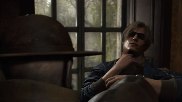 Leon getting choked in Resident Evil 4 Remake.